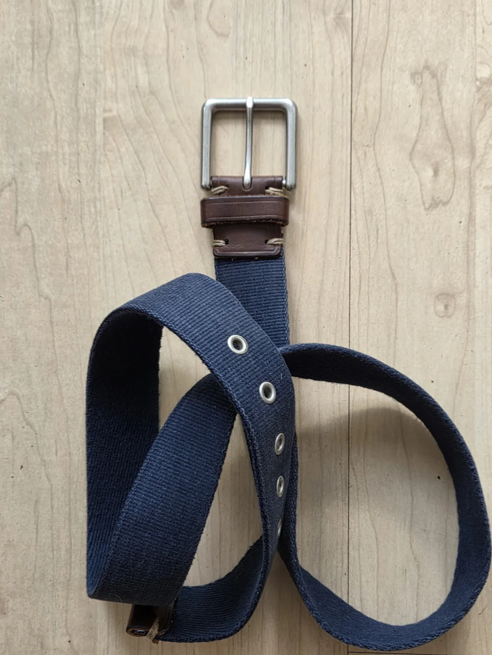 J. Crew Navy Canvas Belt with Brown Leather Trim & Tan Belt. Two Belts.